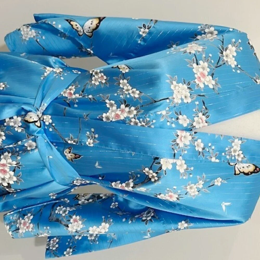 Marukyo Kyoto Tokyo Short Kimono Robe Blue Floral Butterfly Japanese Women's